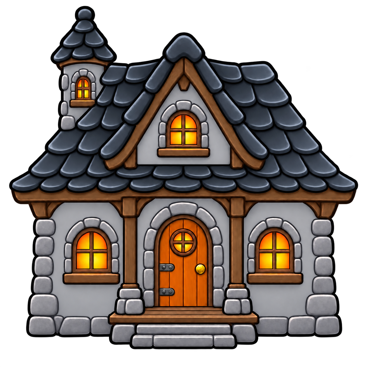 A cute haunted house decorated with jack-o'-lanterns, ghosts, bats and Halloween treats
